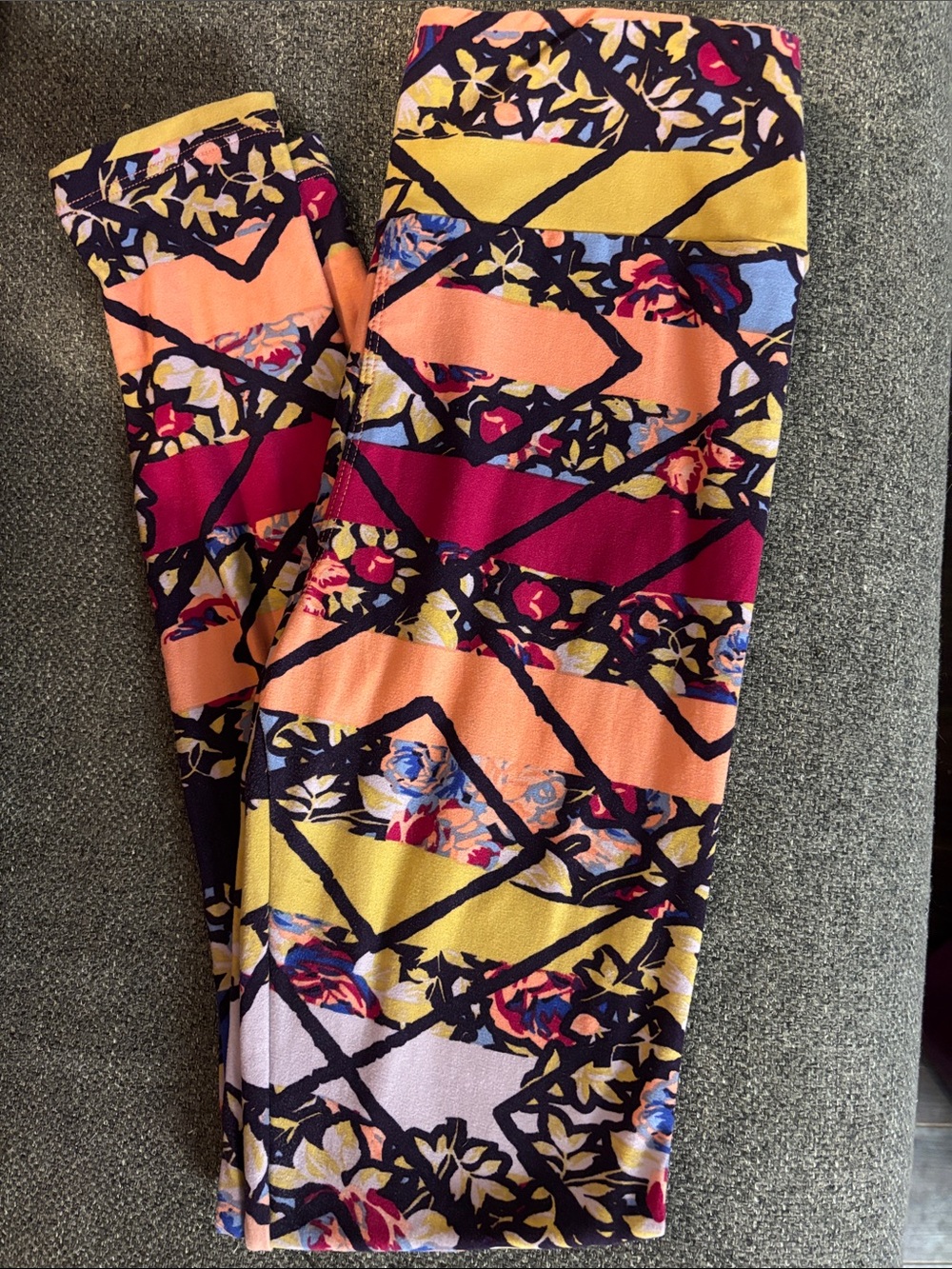 LuLaRoe Kids Striped Floral Leggings - Yellow, Pink, Peach, Navy